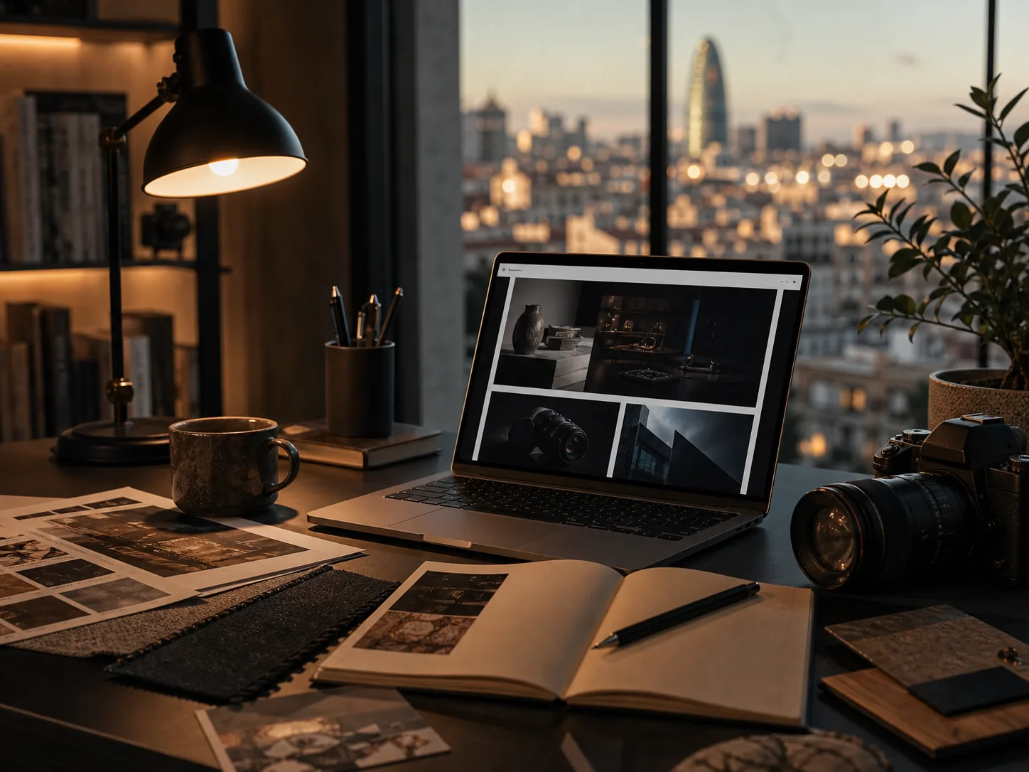 Espacio de trabajo digital de Aplaudia con escritorio, pantalla y ambiente de estudio.